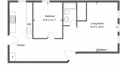 Floor plan for 1 bed, 1 bath, 752 sqft